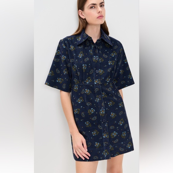 SEA Briar Corduroy Short Sleeve Button Down Dress in Navy - Picture 2 of 9